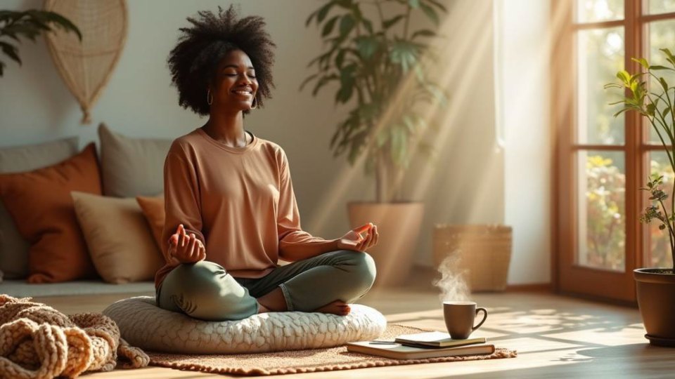 7 self-care tips black mompreneurs need to thrive Black woman meditating in peaceful morning sunlight