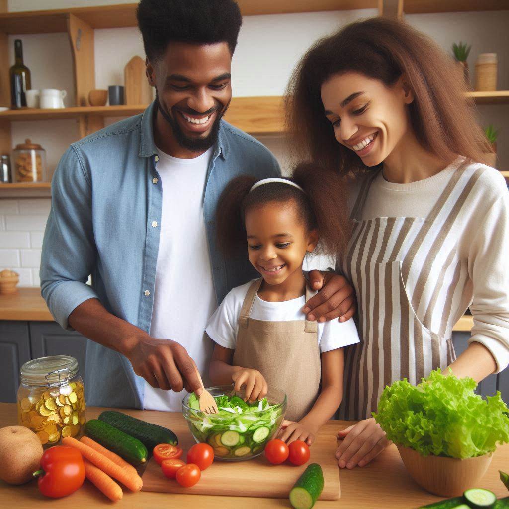6 family-friendly tips for navigating health challenges An african american family makes a salad together in the kitchen for an article on 6 family-friendly tips for navigating health challenges