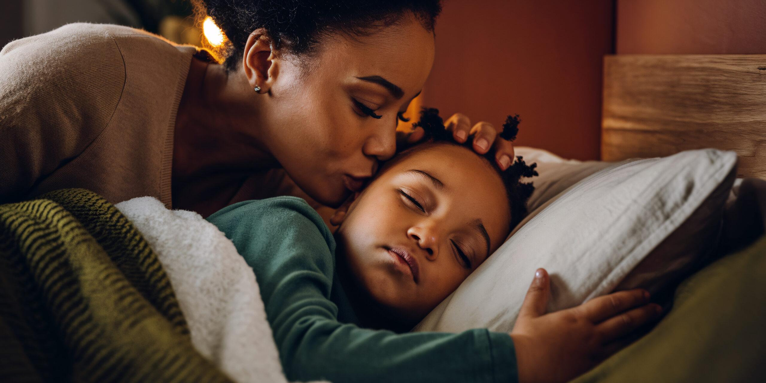 The viral bedtime chart black parents swear by: sleep routines that actually work Mother kissing her black child goodnight during a bedtime routine, illustrating a peaceful sleep environment as part of a consistent bedtime chart for kids.