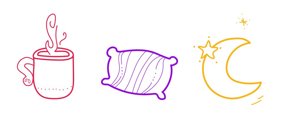 Shhh... Mommy's sleeping: how to outsleep the snorer and outsmart the night An illustration of a cup of tea, pillow and a star and moon for an article about mommy's sleeping and sleep masks.