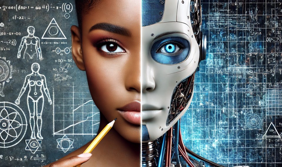 Ai tutors vs. Traditional tutors: exploring the advantages and disadvantages Image illustrating the contrast between ai tutors and traditional tutors, showcasing a split between a robotic ai face and an african american woman holding a pencil, symbolizing the debate of ai tutors vs. Traditional methods in education.
