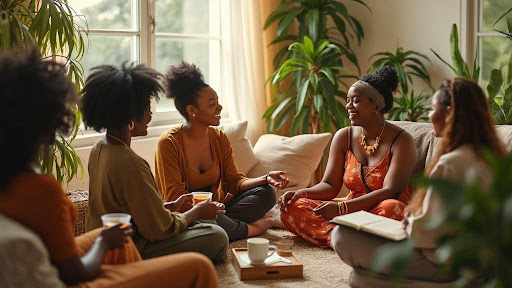 7 self-care tips black mompreneurs need to thrive Black mompreneurs women discussing self-care tips in cozy setting