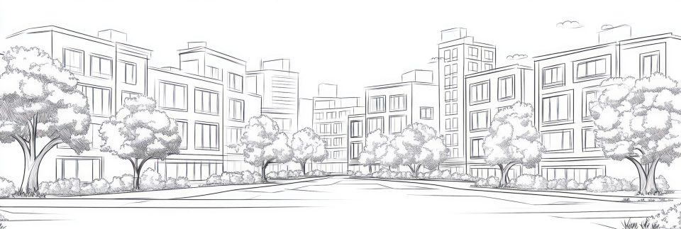 8 safe cities to raise black children: where culture, community & care come first Black and white architectural line drawing of a peaceful, tree-lined residential city neighborhood, representing safe environments in  the 8 safe cities  to raise black children.