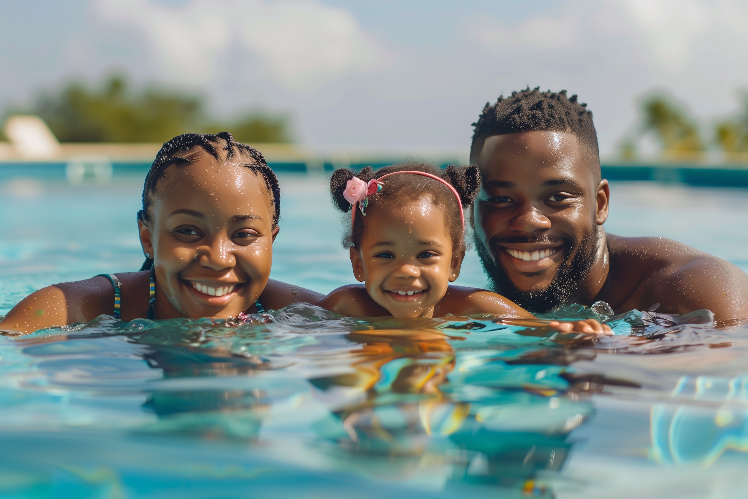 Why playacar beach is the ultimate playground for adventurous family travelers Smiling black family enjoying time together in a swimming pool during a tropical vacation, symbolizing joyful family travel and bonding at a beach resort for an article titled, "why playacar beach is the ultimate playground for adventurous family travelers. "