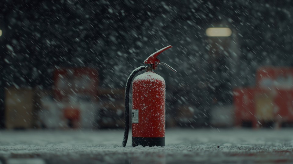 Can you store fire extinguishers outside in freezing temperatures? A scientific look Gleaming fire extinguishers, its handle poised and ready to spring into action, stands sentinel in a dimly lit fire station's storage room, its presence a testament to the unwavering dedication of the firefighters who protect our communities. The blurred background and bokeh effect draw the viewer's attention to the extinguisher, emphasizing its role as a vital tool in the fight against fire. ,vibrant colors ,bright and saturated
