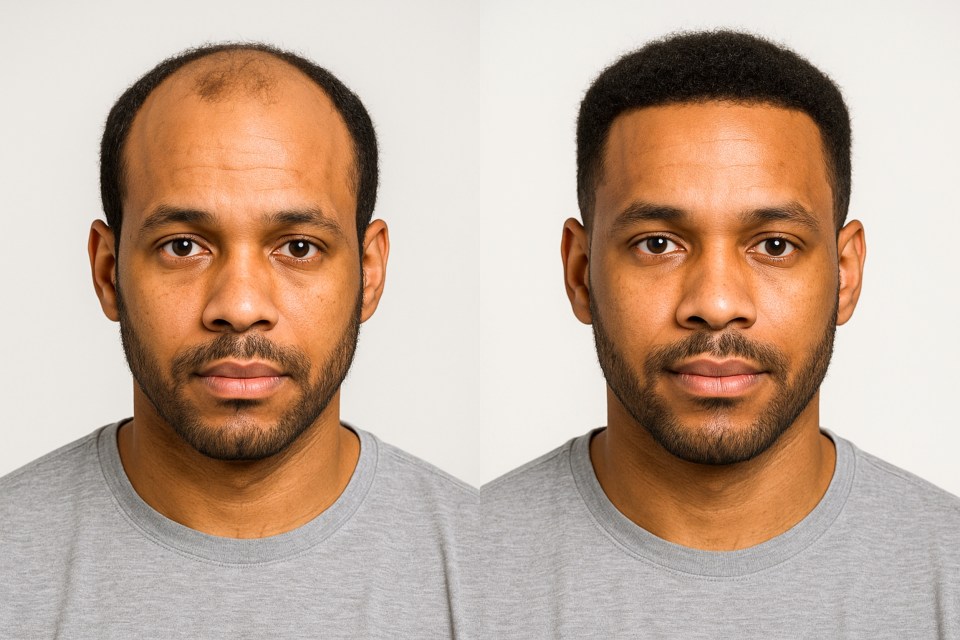 Best hair transplant clinic in turkey Before and after hair transplant for black man using fue and dhi methods at globalmedic hair transplant center in antalya, turkey, with restored natural hairline,  transformation image showing the hair restoration journey of a young african american man before and after undergoing a hair transplant procedure.