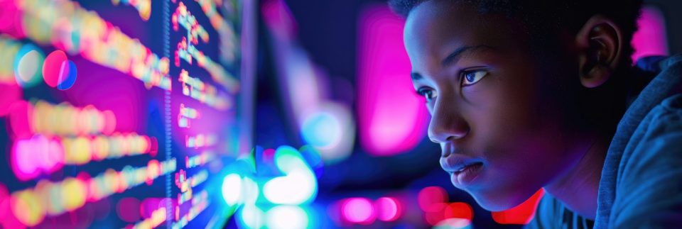 A teen black boy in the technology industry symbolizes how black communities are breaking the tech-industrial complex through care, trust, and innovation for an article about how the tech industry fails black boys and how community can lead the way.