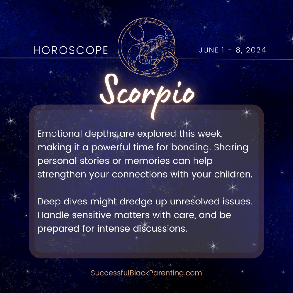 Horoscopes for parents: week of june 2nd – 8th Intense and mysterious scorpio zodiac sign illustration, capturing the essence of scorpio's passion and depth, aimed at those exploring personal transformation in astrology.