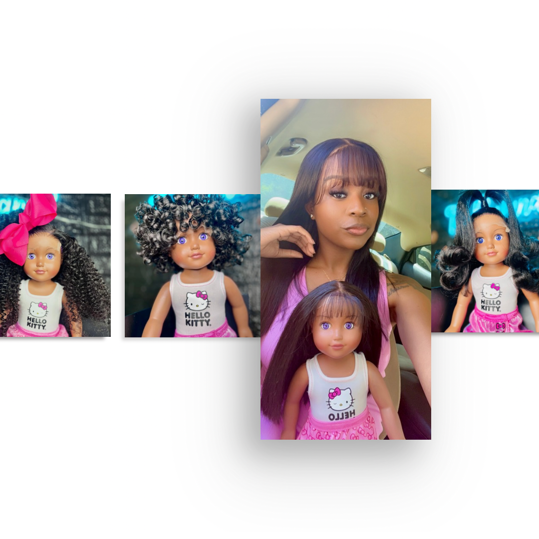 How a black-owned business is wiggin' out dolls with custom units Collage of four images featuring realistic doll wigs created by a black-owned business. The central image shows a woman holding a doll with long, straight hair, while the surrounding images display dolls with various hairstyles, including voluminous curls, tight ringlets, and sleek pigtails. These wigs are part of a feature in successful black parenting magazine, highlighting the creative and empowering work behind the business.
