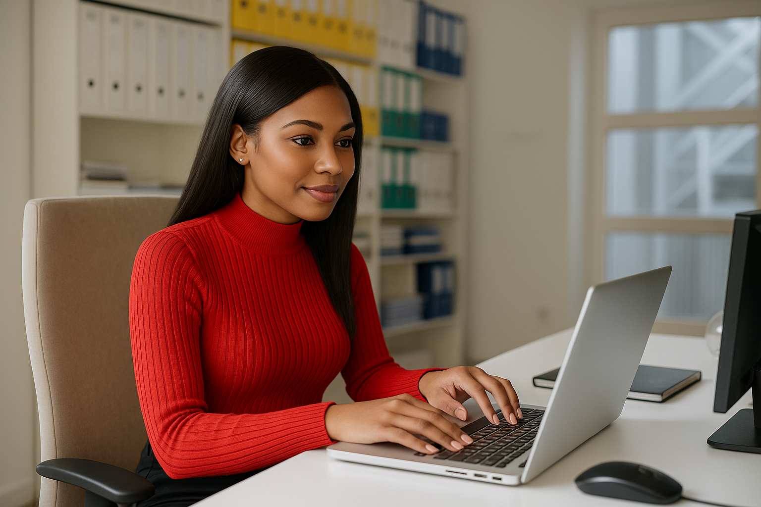 How parents can support kids' interested in accounting careers A young black woman with relaxed 4c hair, wearing a red ribbed sweater, works intently on a laptop in a modern office setting, surrounded by organized binders and tech tools for an article about "how parents can support kids interested in accounting careers. "