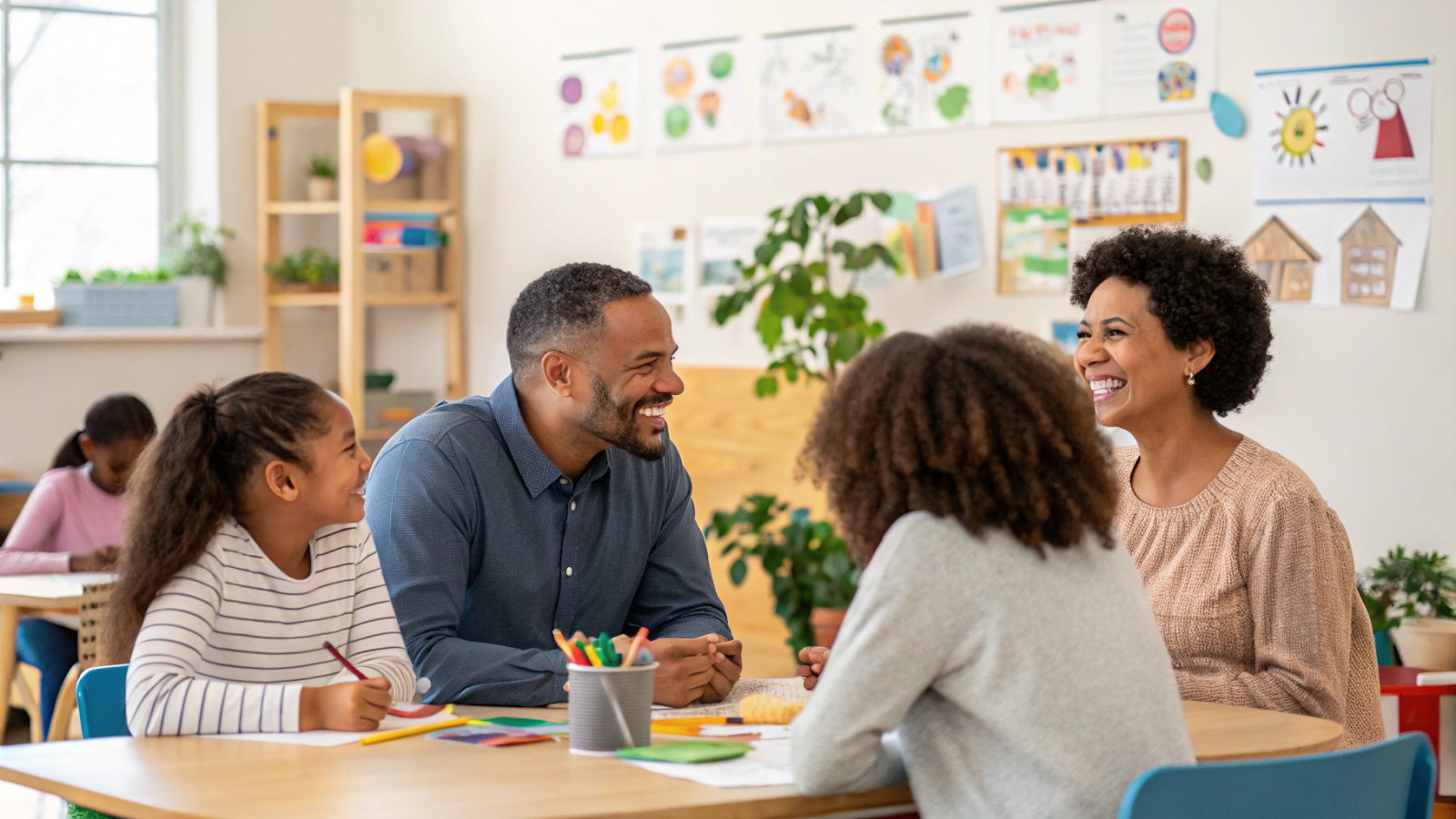 6 simple ways to improve your child’s learning environment Parents, teachers, and students talking in a cheerful classroom setting