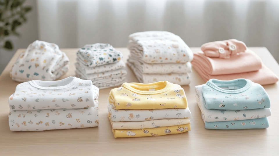 Gentle on skin: baby laundry tips  Freshly laundered baby clothes folded on a table, showcasing gentle baby laundry practices with hypoallergenic detergents.