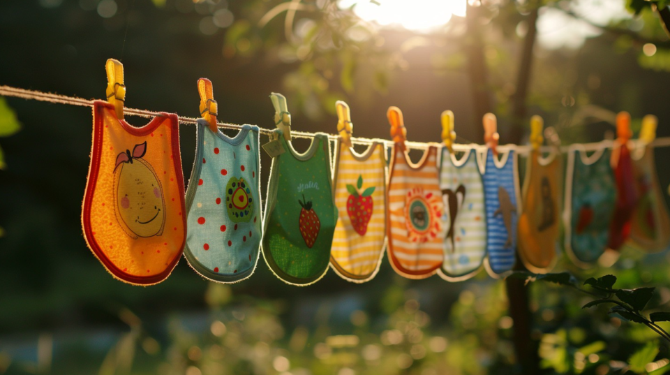 Gentle on skin: baby laundry tips  Colorful baby bibs hanging on a clothesline in the sun, demonstrating eco-friendly baby laundry tips for sensitive skin.