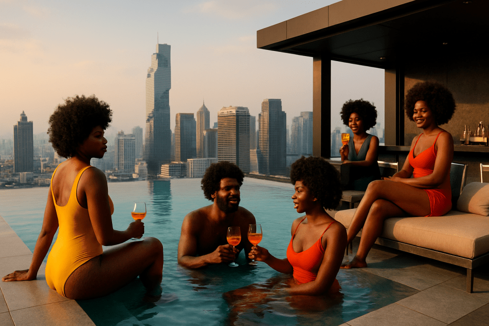 Chasing sunshine: the best places to cool off in style around the world African american group relaxing on a rooftop pool with natural hair and drinks in one of the best places to cool off.