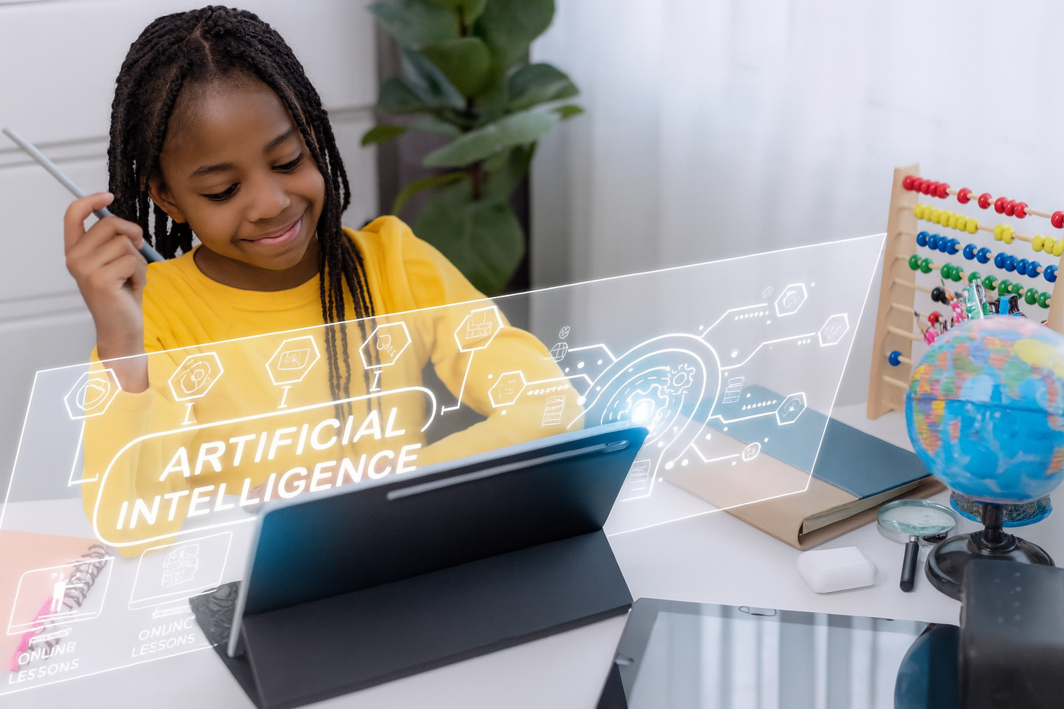 Ai tools are talking to your kids – and collecting their data African american girl with 4a braided hair learning on a tablet with "artificial intelligence" on screen, symbolizing ai tools, kids, and data collection concerns.