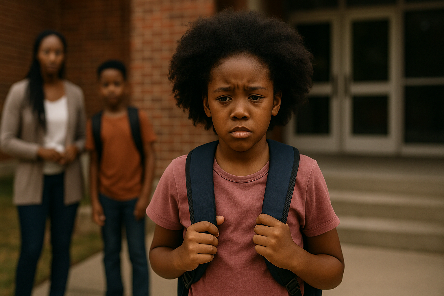 Back-to-school anxiety in black children: how to break the cycle of fear, racism & mental health struggles Black girl looking anxious in front of school with backpack — representing back-to-school anxiety in black children, mental health, and emotional resilience.