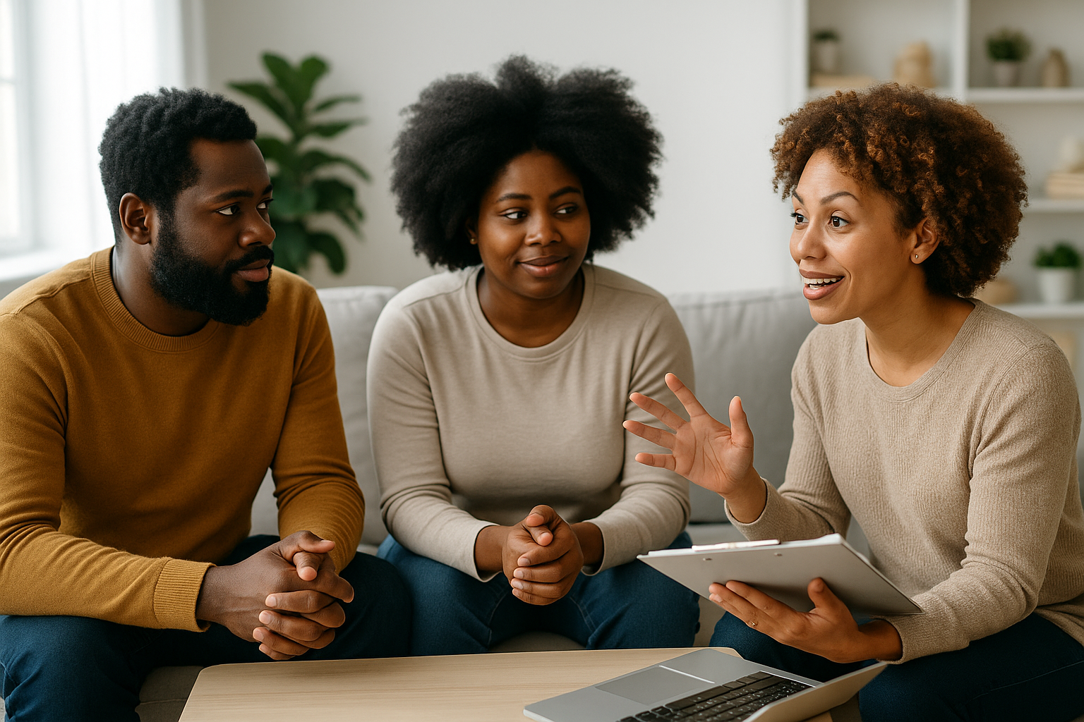 4 secrets to raising thriving black children: why it's the game-changer you didn’t know you needed Black parenting educator speaking with two african american parents during a parent education session at home, discussing strategies for building strong parent-child relationships for an article titled, "4 secrets to raising thriving black children: why it's the game-changer you didn’t know you needed"
