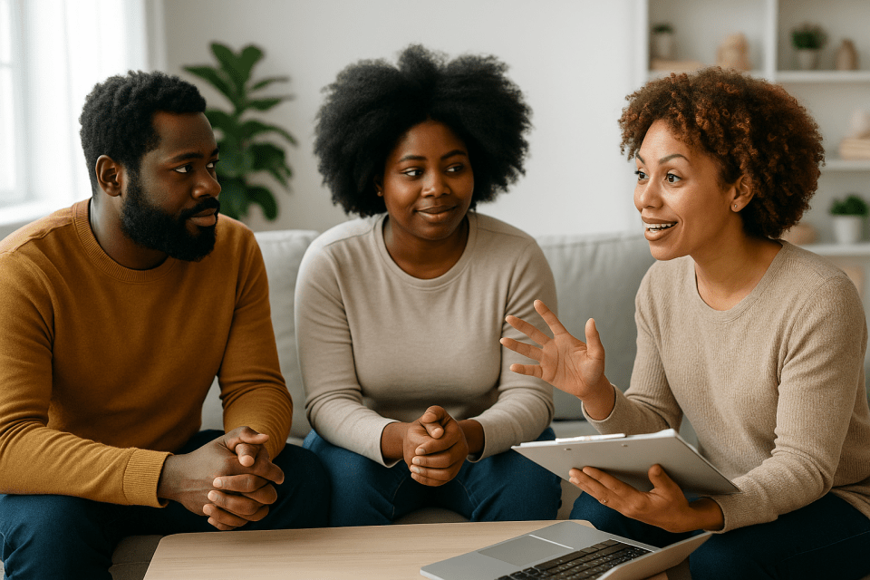 4 secrets to raising thriving black children: why it's the game-changer you didn’t know you needed Black parenting educator speaking with two african american parents during a parent education session at home, discussing strategies for building strong parent-child relationships for an article titled, "4 secrets to raising thriving black children:  why it's the game-changer you didn’t know you needed"
