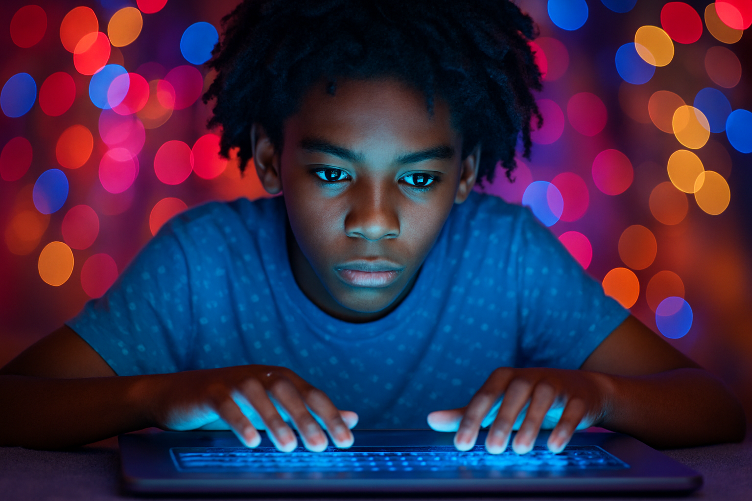 How the tech industry fails black boys and how community can lead the way Teen black boy using a laptop, symbolizing how black communities are breaking the tech-industrial complex through care, trust, and innovation for an article titled, how the tech industry fails black boys and how community can lead the way.