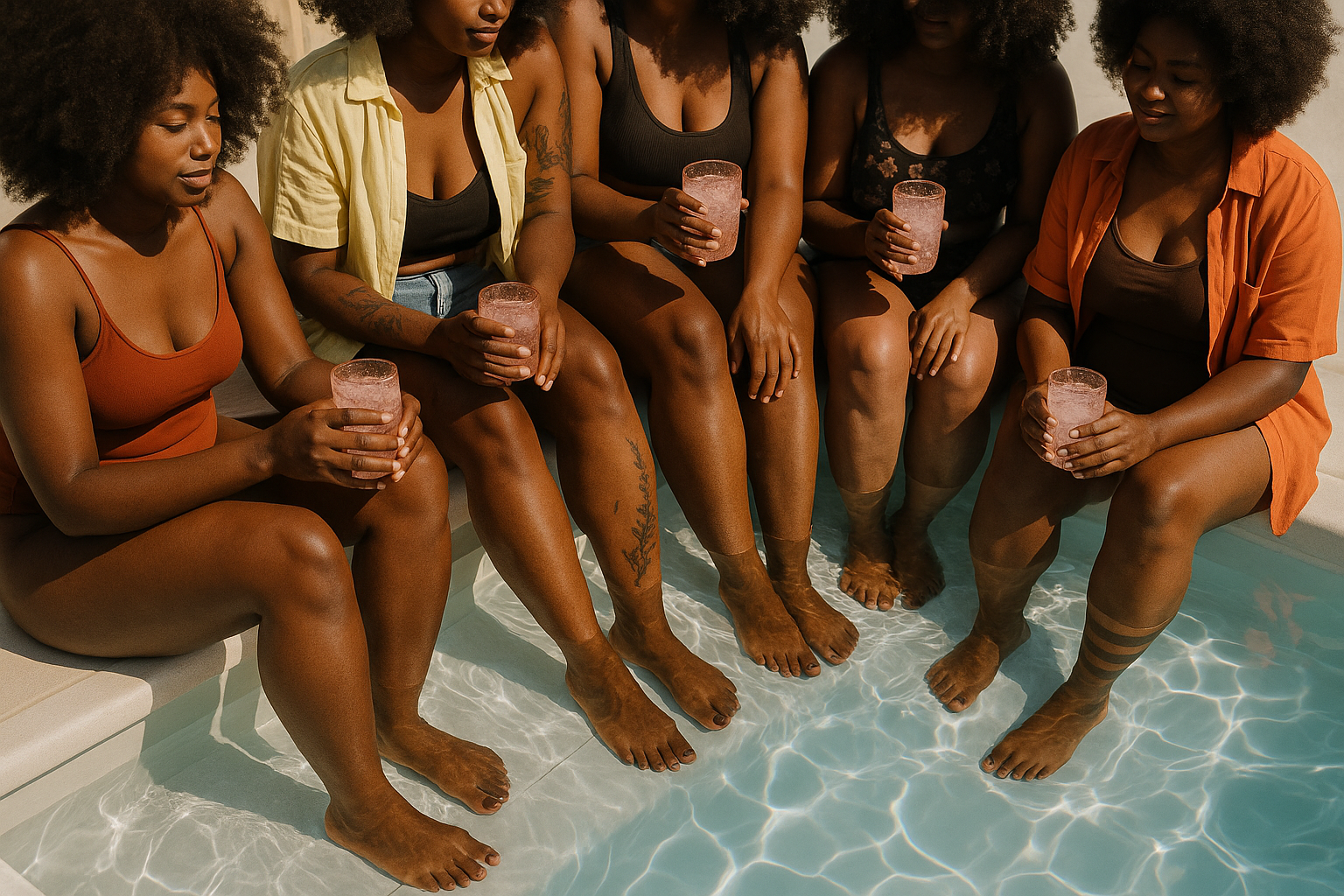 Chasing sunshine: the best places to cool off in style around the world A group of african american women is drinking pink lemonade while relaxing with their feet in a wading pool for an article on the best places to cool off.