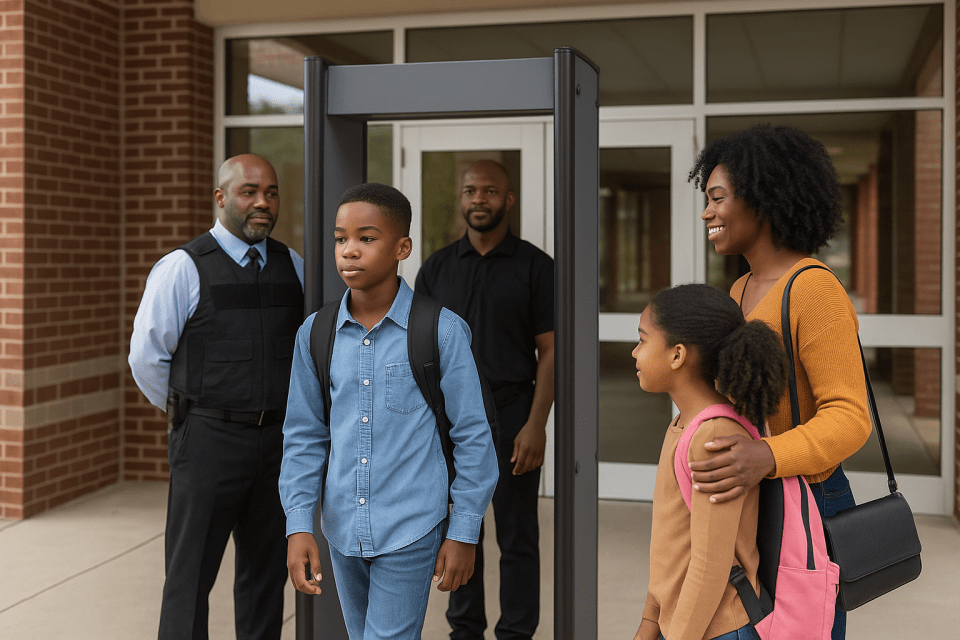 Security best practices for school administrators Black family and school security officers at a walk-through metal detector, representing security best practices for school administrators to ensure safe learning environments, for an article titled, security best practices for school administrators.