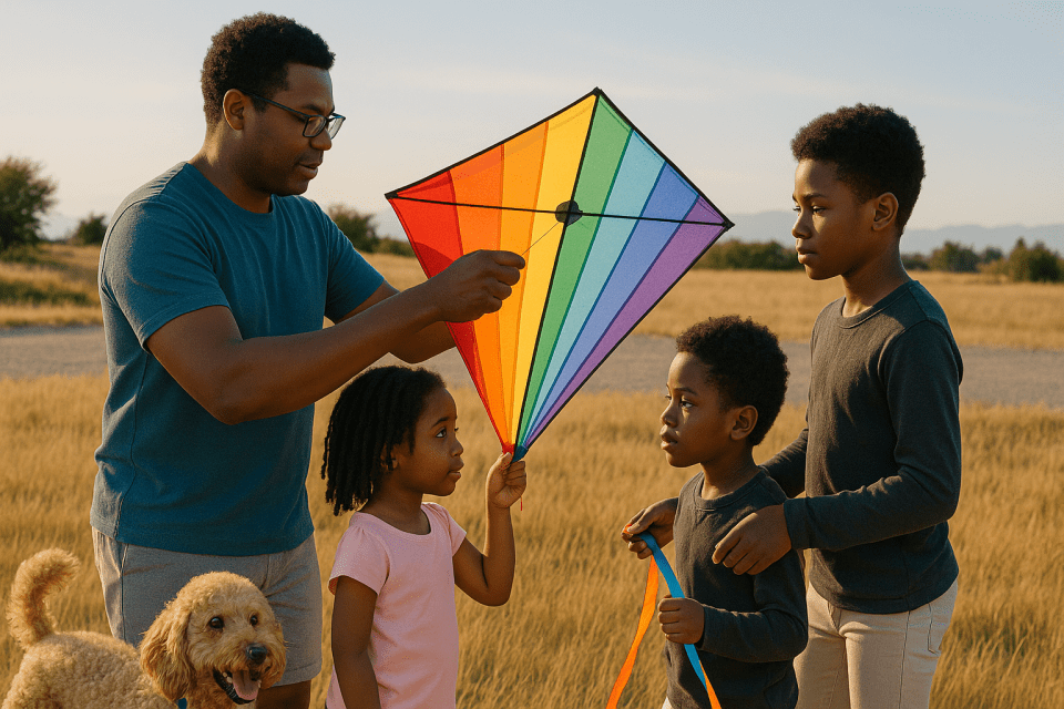 How to have a playful time with your family pet and kids? A black father and his three children prepare to fly a colorful rainbow kite in a sunny field, with their family pet, a curly-haired dog nearby, capturing joyful family bonding time.