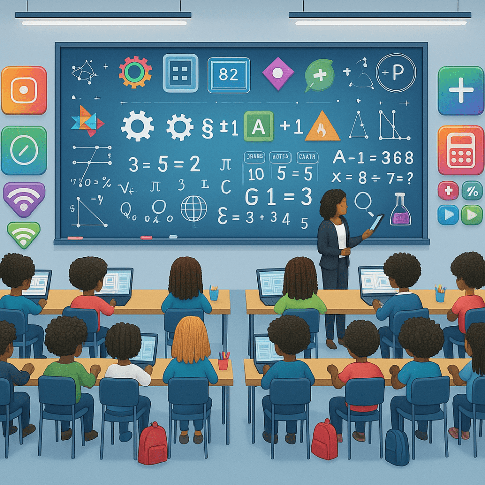 How technology is revolutionizing math education: key trends shaping classrooms today Black students learning math with adaptive technology in a modern digital classroom for an article titled, "how technology is revolutionizing math education: key trends shaping classrooms today. "