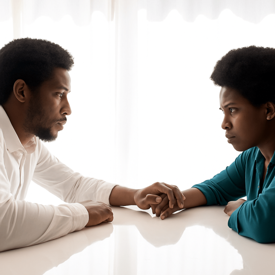 The role of income gaps in spousal support decisions Black couple with serious expressions holding hands across a white table, representing spousal support discussions and emotional financial decisions after divorce due to their income gap.