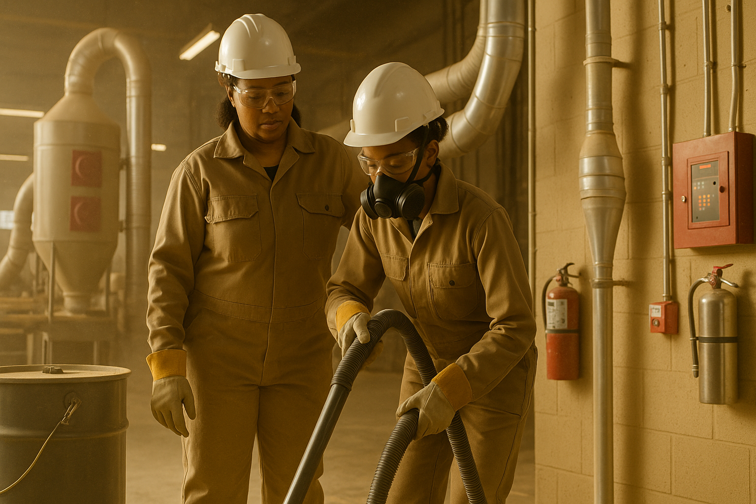 Hidden danger: mitigating the risk of combustible dust explosions Worker using an industrial vacuum during housekeeping to reduce combustible dust explosions risk, explosion vent panel visible on process equipment