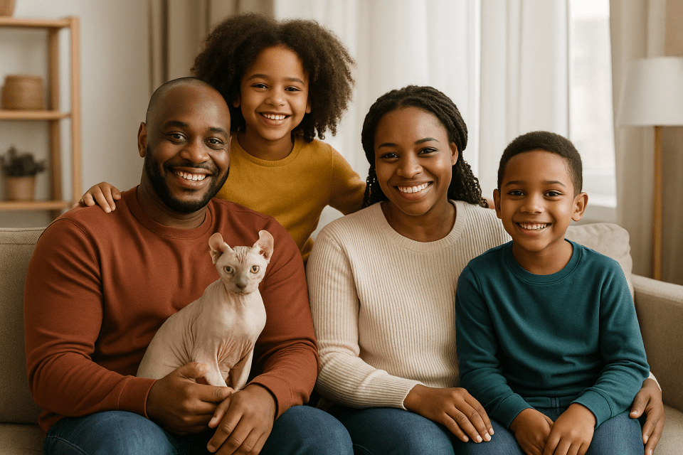 Dear parents: what you should know before bringing an elf cat into your home Black family with two children smiling on a couch while the father holds an elf cat, a hairless cat with curled ears, in a cozy living room setting.