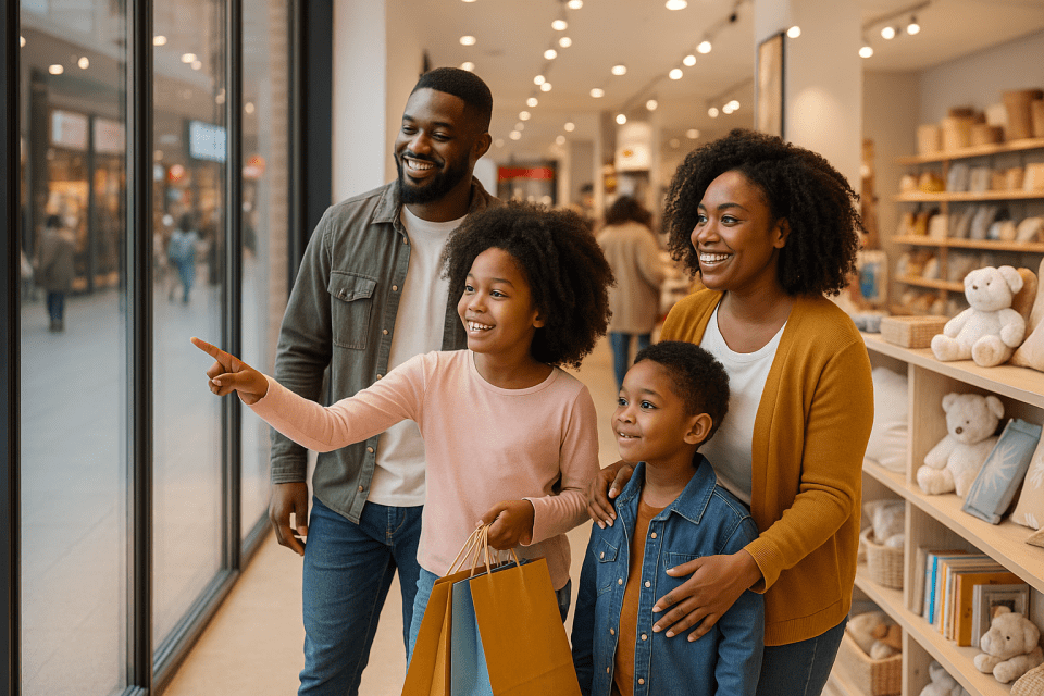 Popular technologies used in retail stores Black family shopping together in a modern retail store, representing popular technologies used in retail stores to enhance family-friendly and inclusive shopping experiences, for an article about "popular technologies used in retail stores. "
