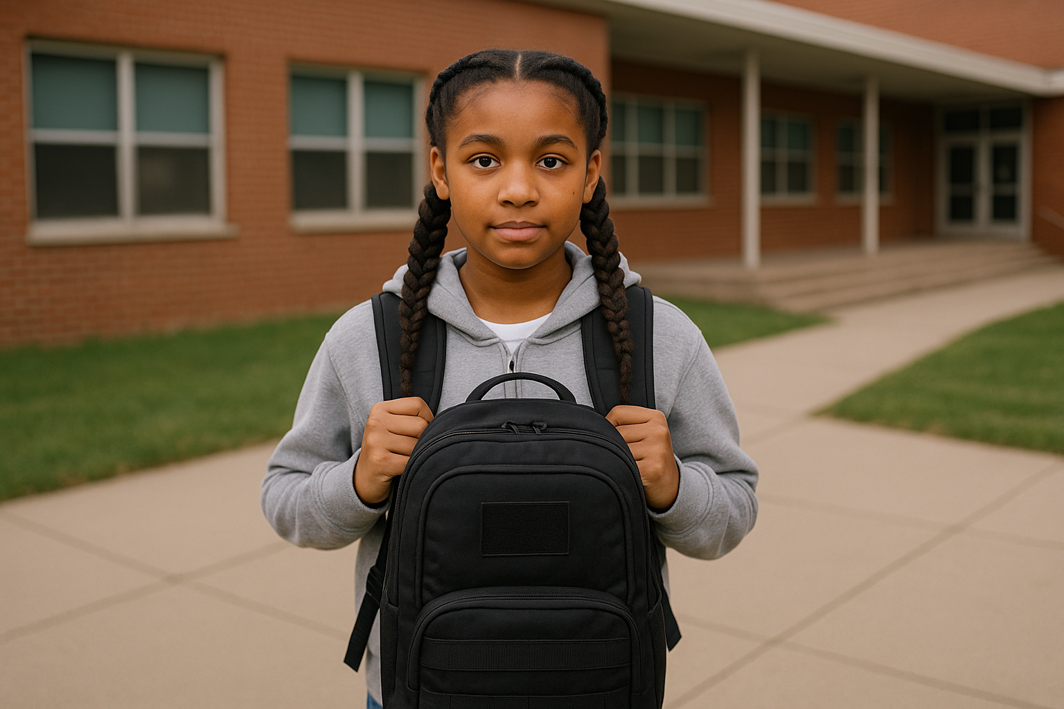What parents need to know about bulletproof backpacks, ballistic gear, and school safety plans Young black girl with braids wearing a backpack, standing in front of a school building, representing school safety and protection for children in 2025.