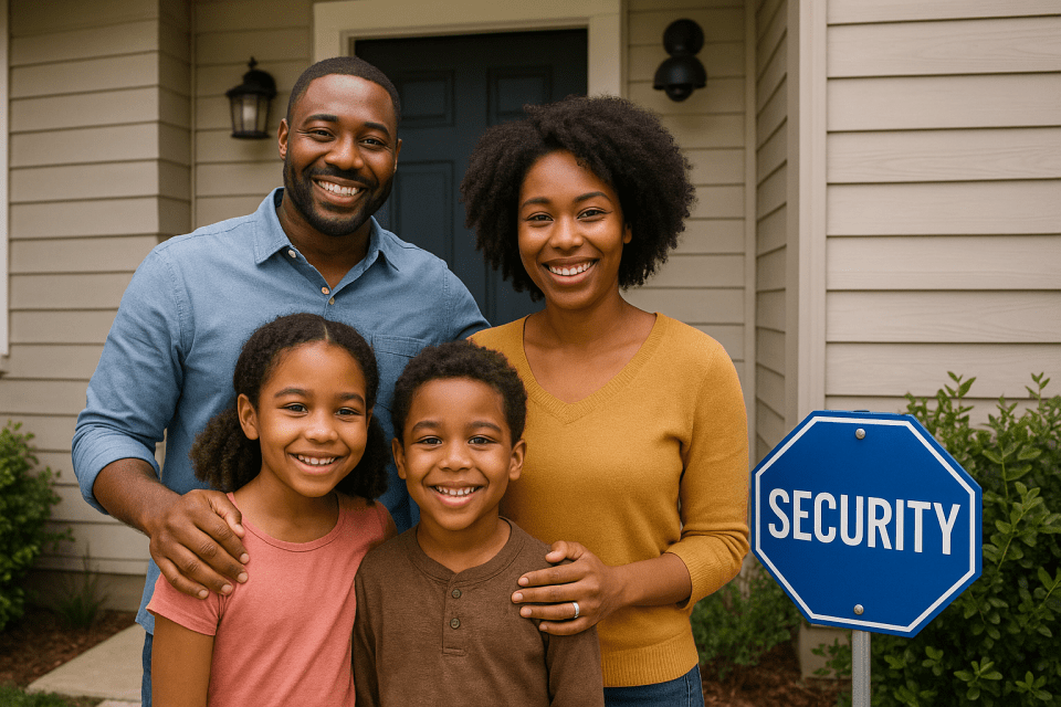 Is home security worth it? Here’s the honest answer. African american family standing happily in front of their home with a visible security sign, representing the safety and peace of mind a home security system provides.