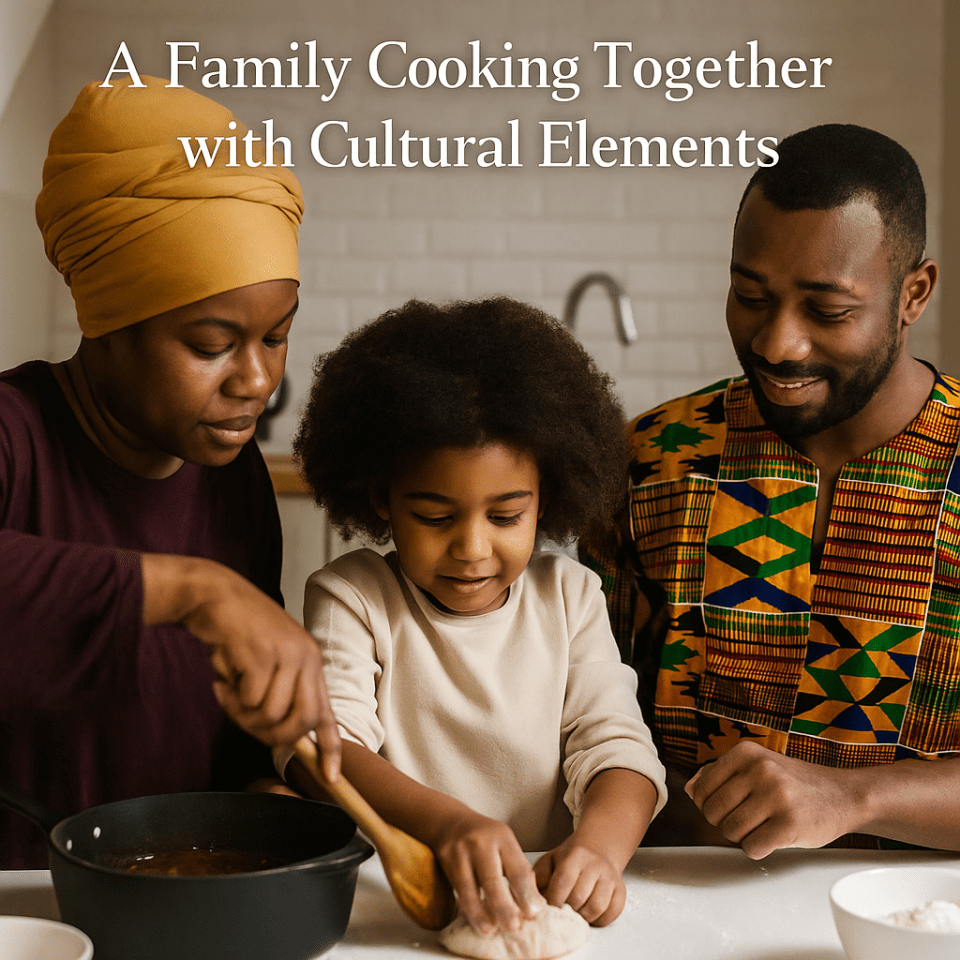 10 thoughtful gift ideas for multicultural families with kids A family cooking together with cultural elements for an article about  gifts for multicultural families