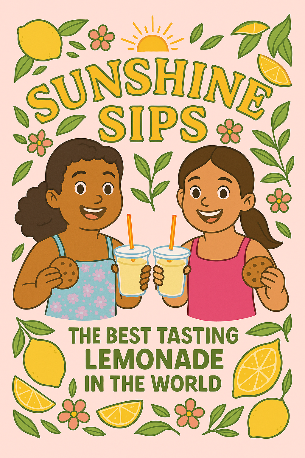How my granddaughter, her mom, and i are using ai to win a lemonade stand competition - pt. 1 Illustrated lemonade stand poster with two smiling girls holding cookies and cups of lemonade, surrounded by lemons, leaves, and flowers. The title reads “sunshine sips” with the tagline “the best tasting lemonade in the world.