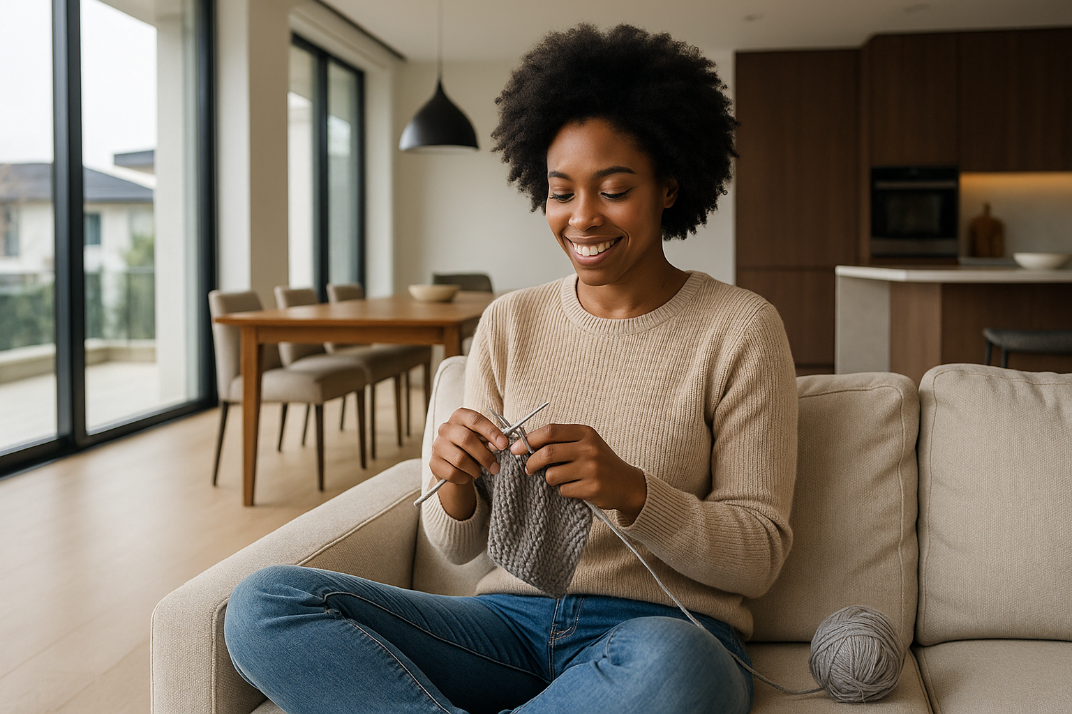 Why knitting starter packs are the secret to sticking with your new hobby 29-year-old black woman knitting in a luxury modern home, knitting starter packs, beginner knitting set, learn to knit starter pack for an article titled: why knitting starter packs are the secret to sticking with your new hobby