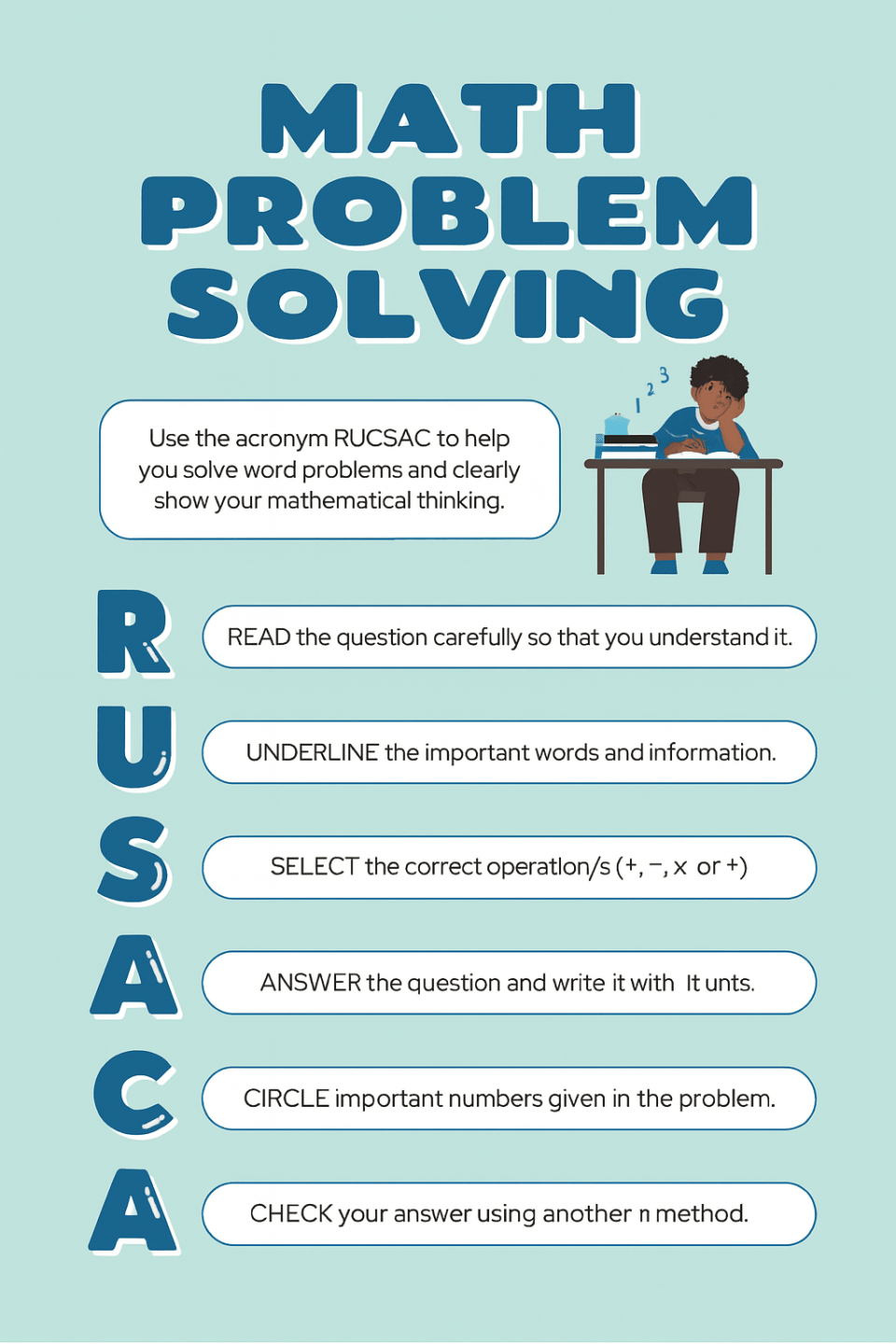 Child struggling with math? 12 signs and 7 ways to help Visual math aid showing rucsac strategy to help children solve math word problems