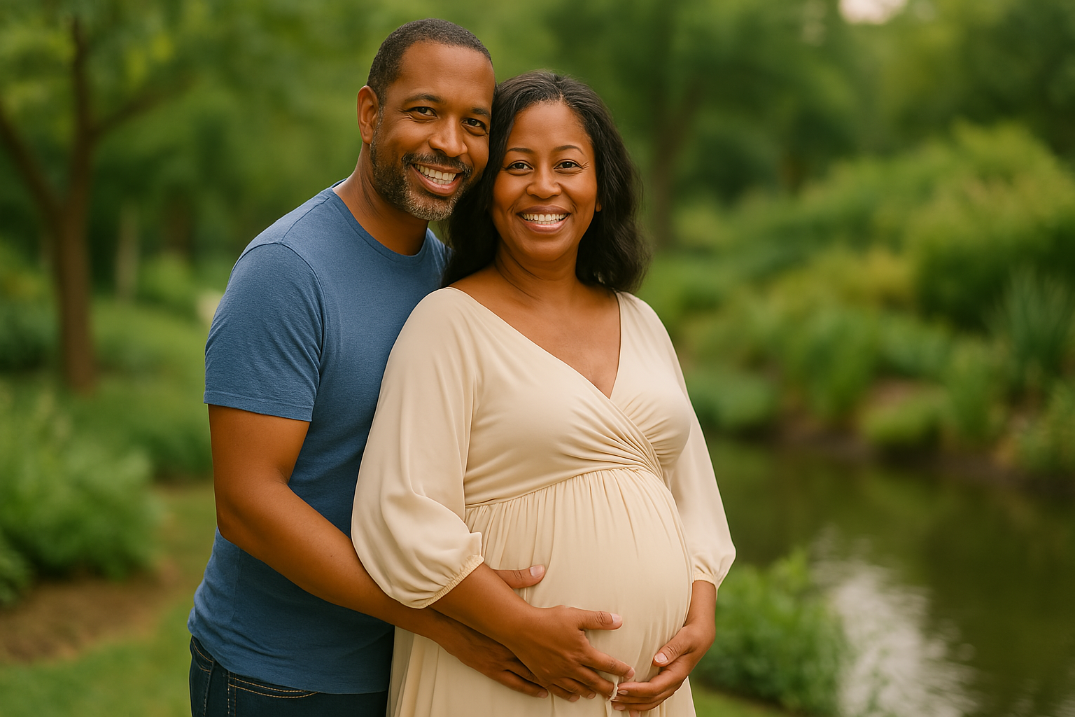 Black mothers over 40: redefining motherhood with power and purpose Black mother over 40 with her supportive husband in a sunny park, both smiling and embracing her pregnancy journey together as mature parents for a story about stylish black mother over 40 with her young daughter against a vibrant yellow background, representing modern black motherhood trends in 2025.