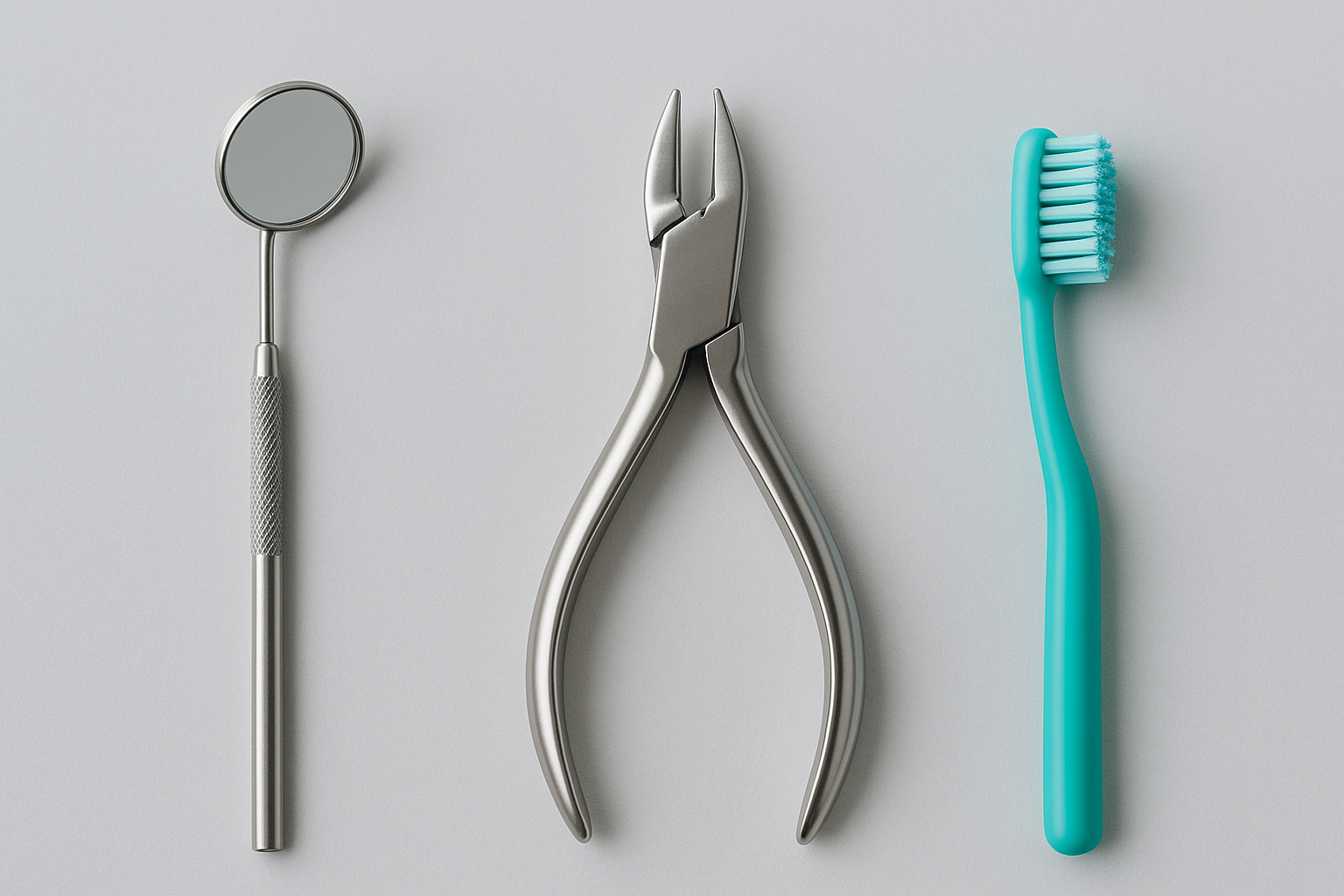 Guiding parents through orthodontic care for children's healthy smiles Pediatric dentistry tools including a dental mirror, orthodontic pliers, and a turquoise toothbrush for children's healthy smiles and orthodontic care for an article about guiding parents through orthodontic care for children's healthy smiles.