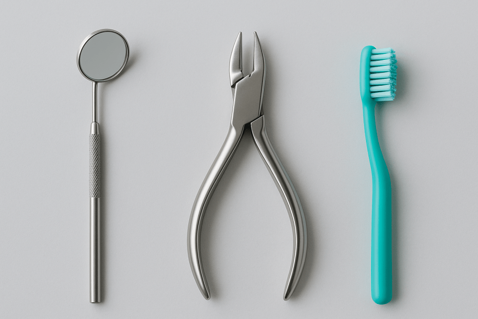 Guiding parents through orthodontic care for children's healthy smiles Pediatric dentistry tools including a dental mirror, orthodontic pliers, and a turquoise toothbrush for children's healthy smiles and orthodontic care for an article about guiding parents through orthodontic care for children's healthy smiles.