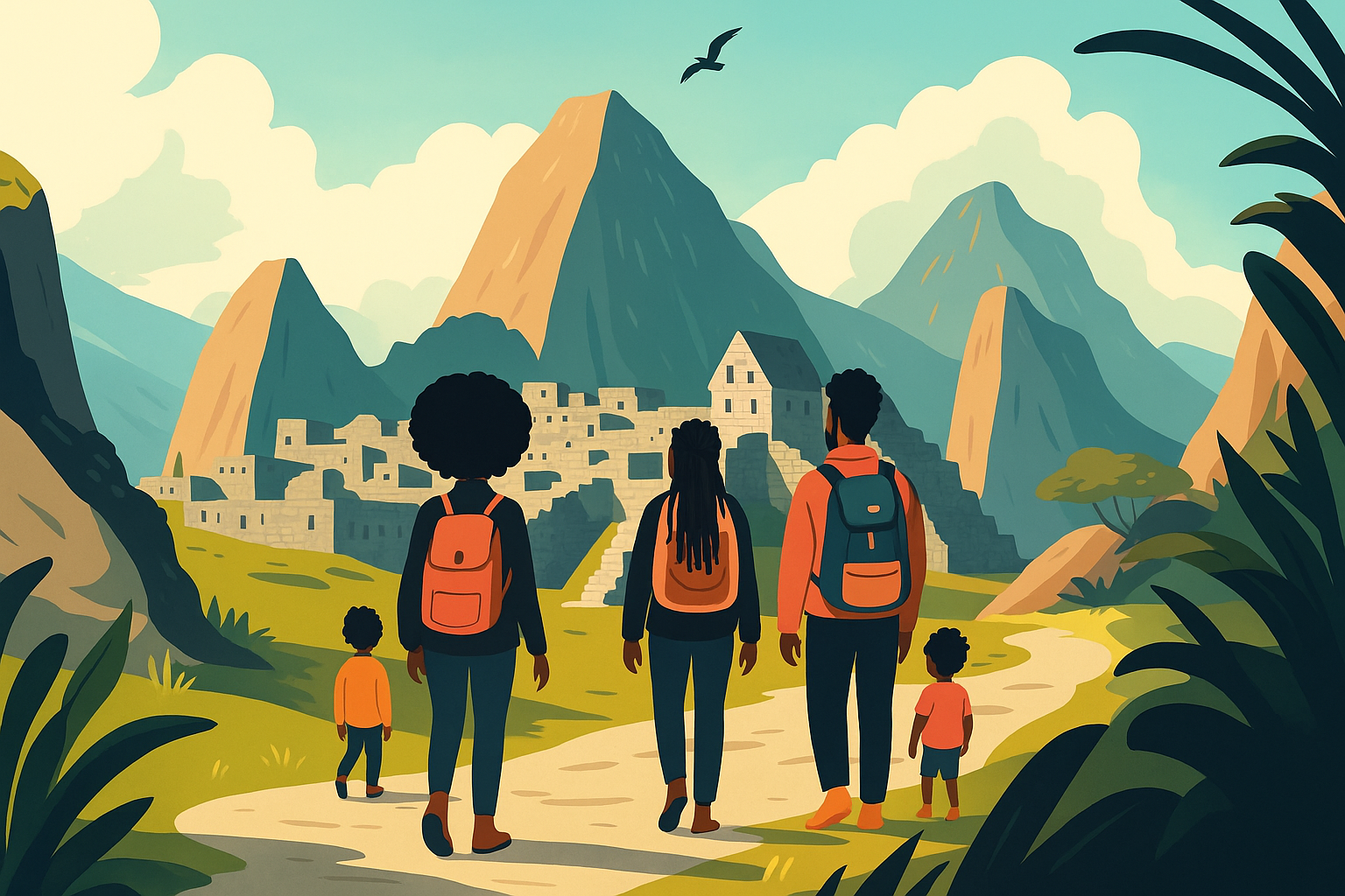 Illustration for "how to plan a culturally rich family trip to peru" showing a black family with young children walking toward the historic ruins of machu picchu, surrounded by green mountains and clear skies—capturing the essence of cultural exploration and meaningful family travel.