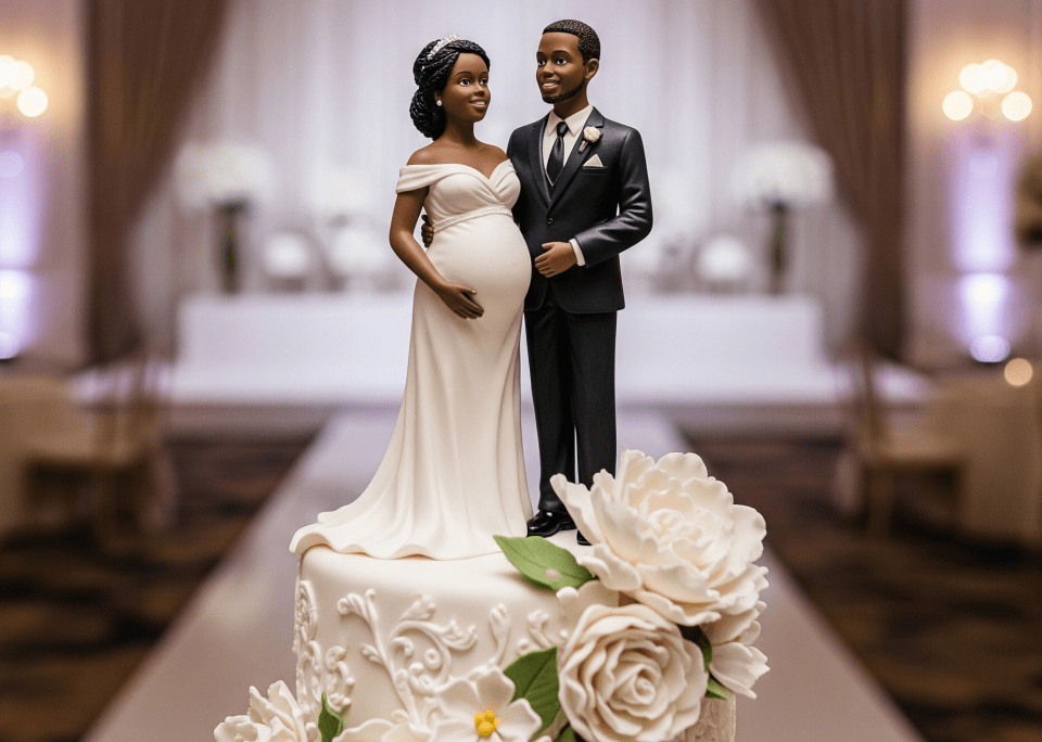 How to plan your wedding when pregnant: glowing down the aisle with love A wedding cake topper of a pregnant black bride and groom showcases love and joy, symbolizing how to plan your wedding when pregnant with celebration.