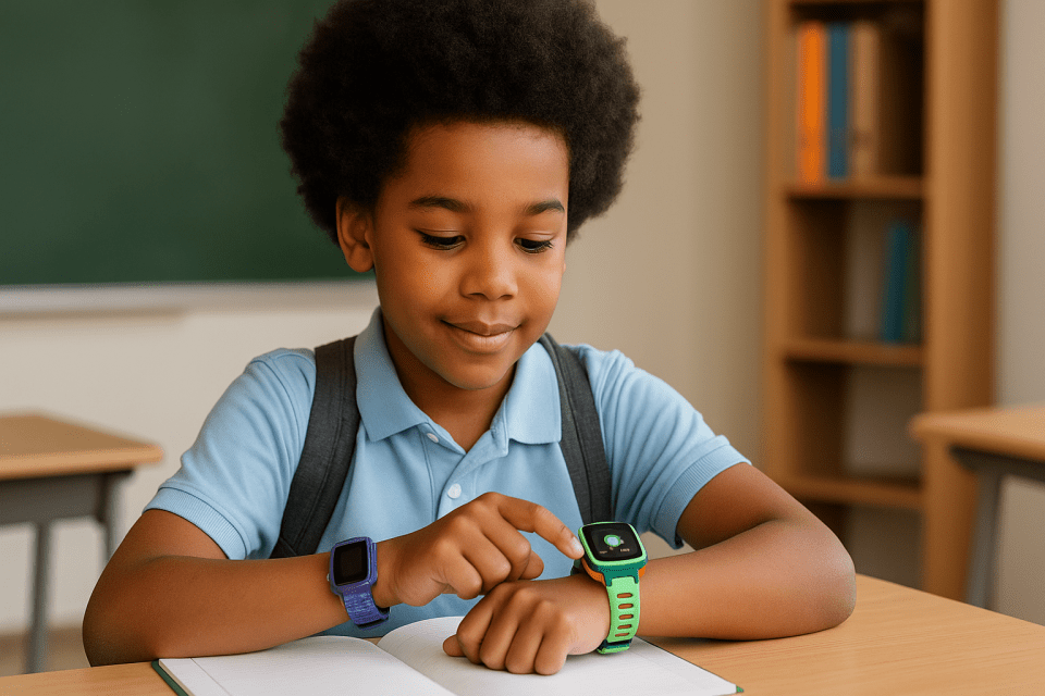 Back-to-school: why smart tech is a lifeline for black parents Young black boy using ticktalk smartwatch in classroom as part of school-safe tech tools - kid with a smart watch at school - back-to-school:  why smart tech is a lifeline for black parents