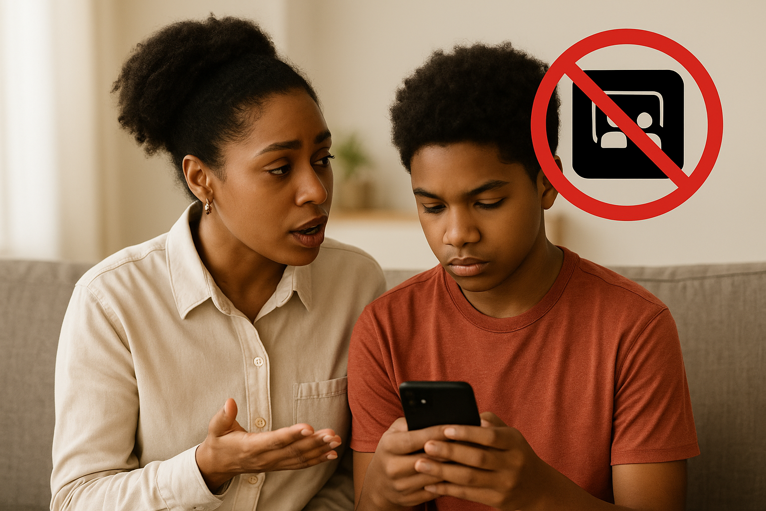 Social media ban for children: what black parents must know to protect and prepare your kids Black mother talking with teen son about social media ban for children and online safety for an article titled, black mother talking with teen son about social media ban for children and online safety.