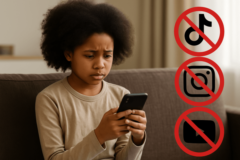 Social media ban for children: what black parents must know to protect and prepare your kids African american girl upset by phone with social media ban for children icons, tiktok, instagram, youtube restriction  for an article titled, black mother talking with teen son about social media ban for children and online safety.