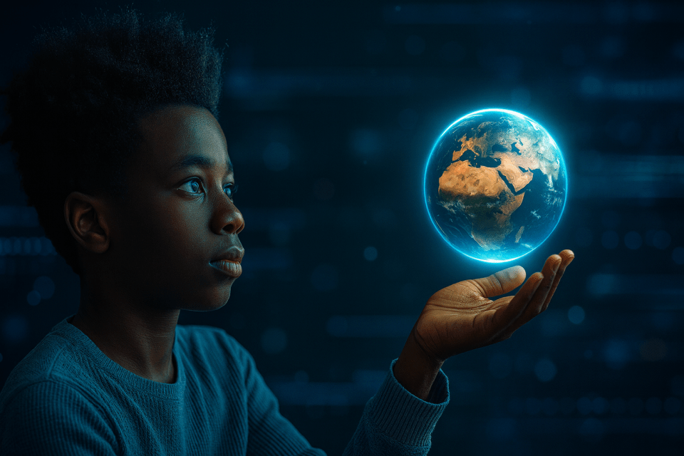 Black teen boy with 4c hair holding a glowing earth in a futuristic tech background, representing black communities breaking the tech-industrial complex for an article titled, how the tech industry fails black boys and how community can lead the way.
