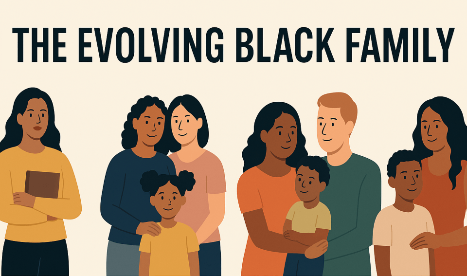 Illustrations showing the evolving black family models for an article about is the traditional cisgender black family at risk? Black women are evolving, and so are their expectations